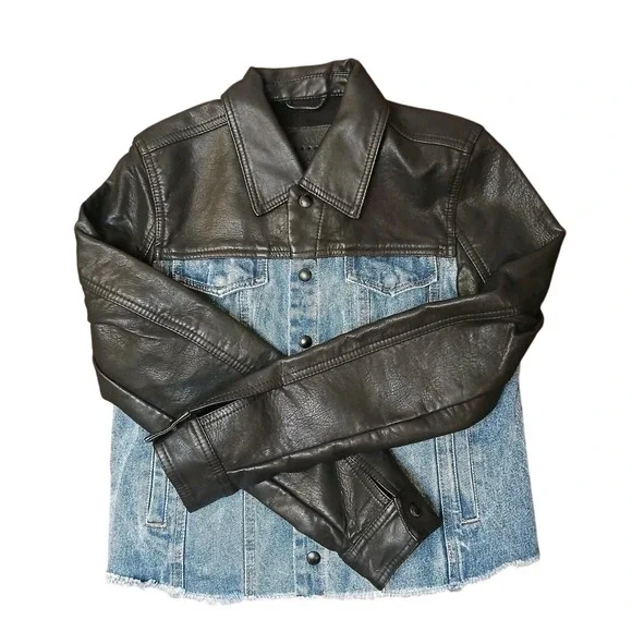 Blank NYC Black Faux Leather Jacket Blue Denim Womens Fashion Fall Size XS #316C - Picture 1 of 9